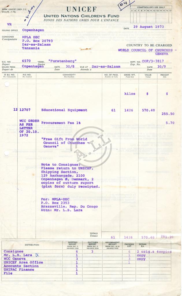 Conjunto de notas de entrega de UNICEF a MPLA DEC