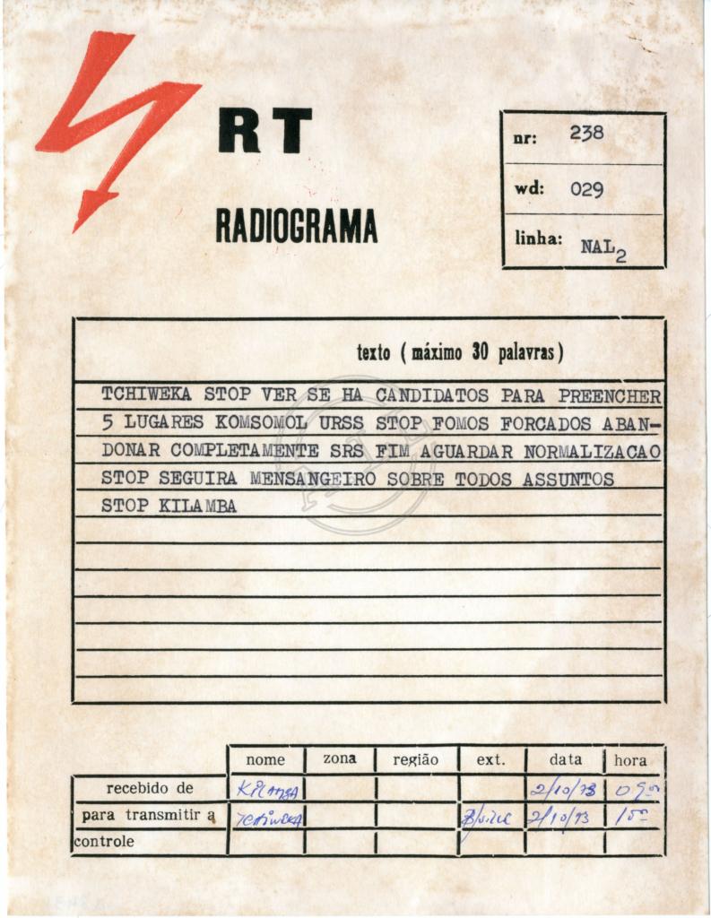 Radiograma de «Kilamba» a «Tchiweka», nº 238