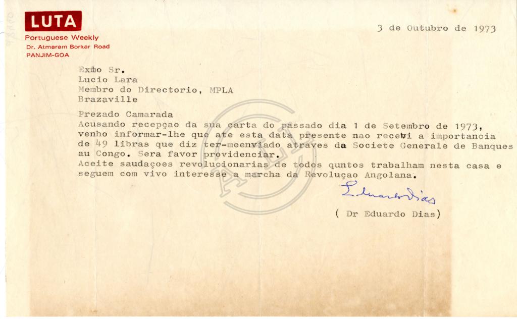 Carta de Eduardo Dias a Lúcio Lara.