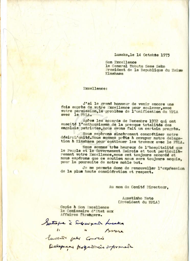 Carta de Agostinho Neto a Mobutu Sese Seko