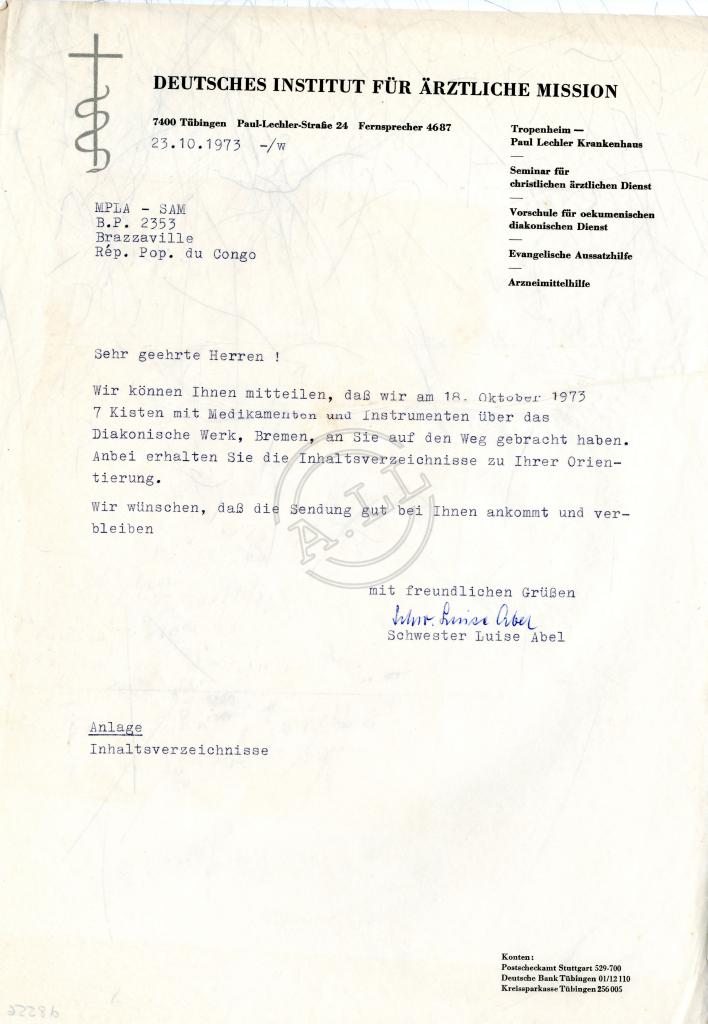 Carta do Deutsches Institute für Ärztliche Mission