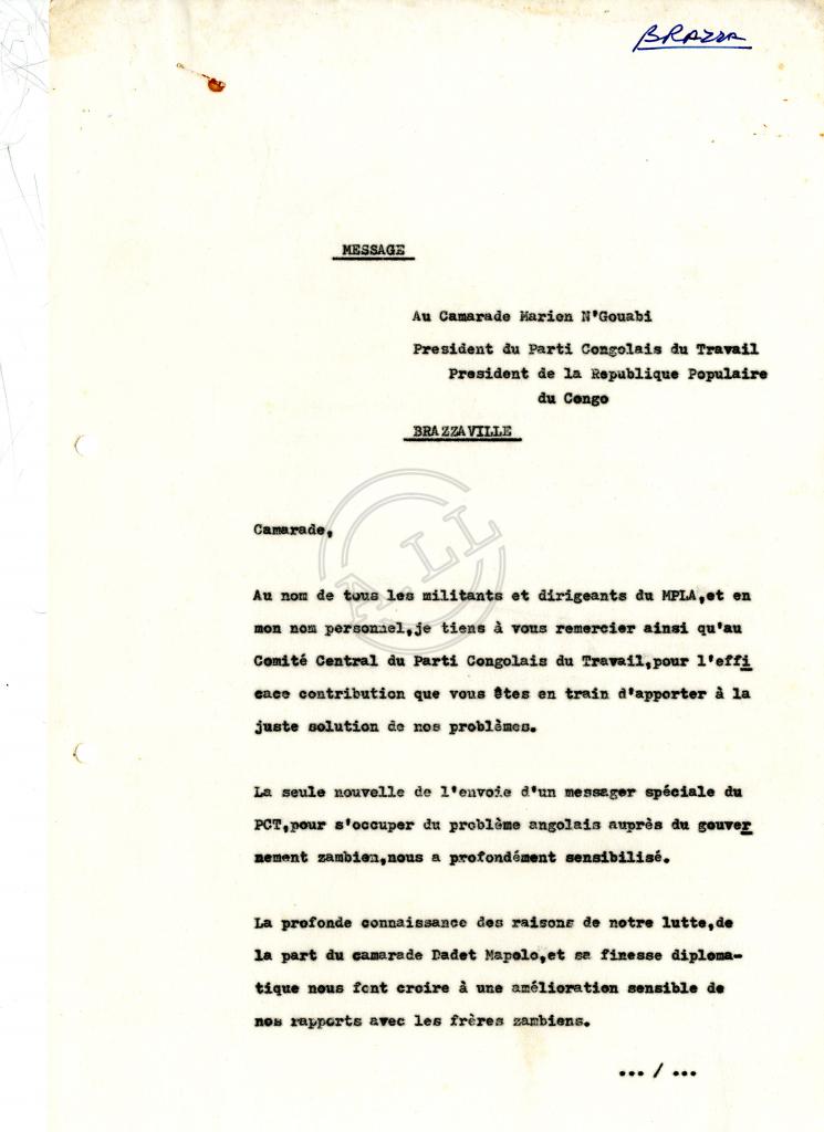 Mensagem de agradecimento de Agostinho Neto a Marien Ngouabi