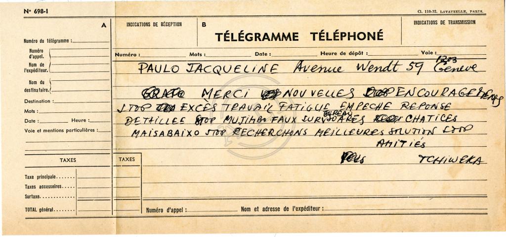Telegrama de «Tchiweka» a Paulo dos Anjos e Jacqueline