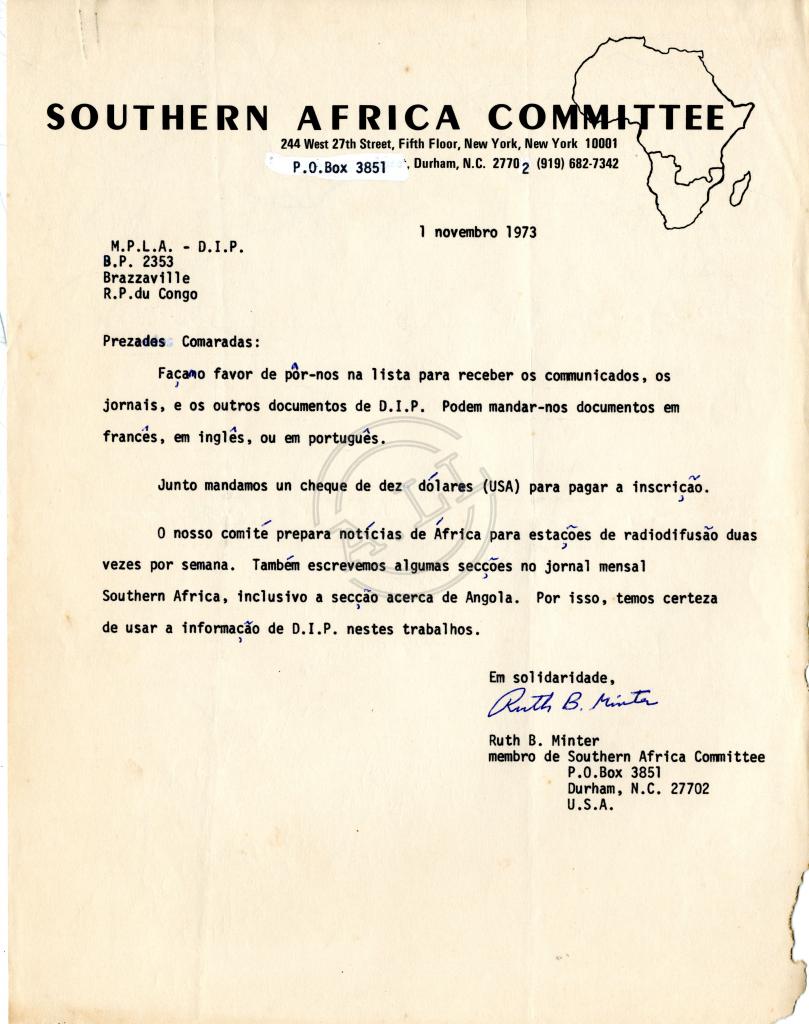Carta de Ruth Minter ao MPLA