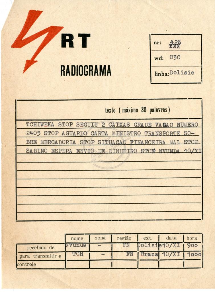 Radiograma de «Nvunda» a «Tchiweka», nº 426
