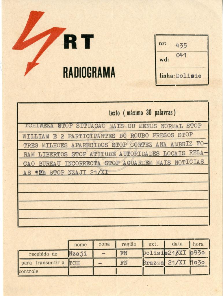 Radiograma de «Nzaji» a «Tchiweka», nº 435