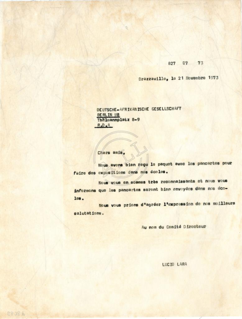 Carta de Lúcio Lara a Deutsche-Afrikanische Gesellschaft