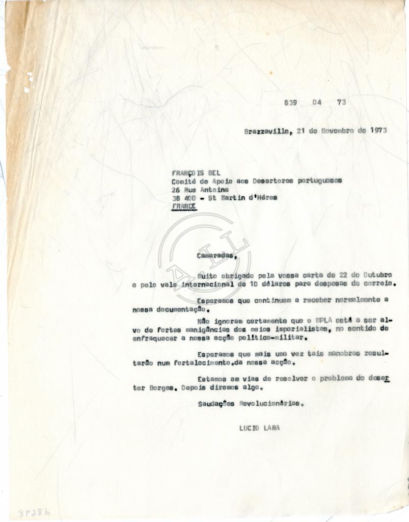 Carta de Lúcio Lara a François Bel