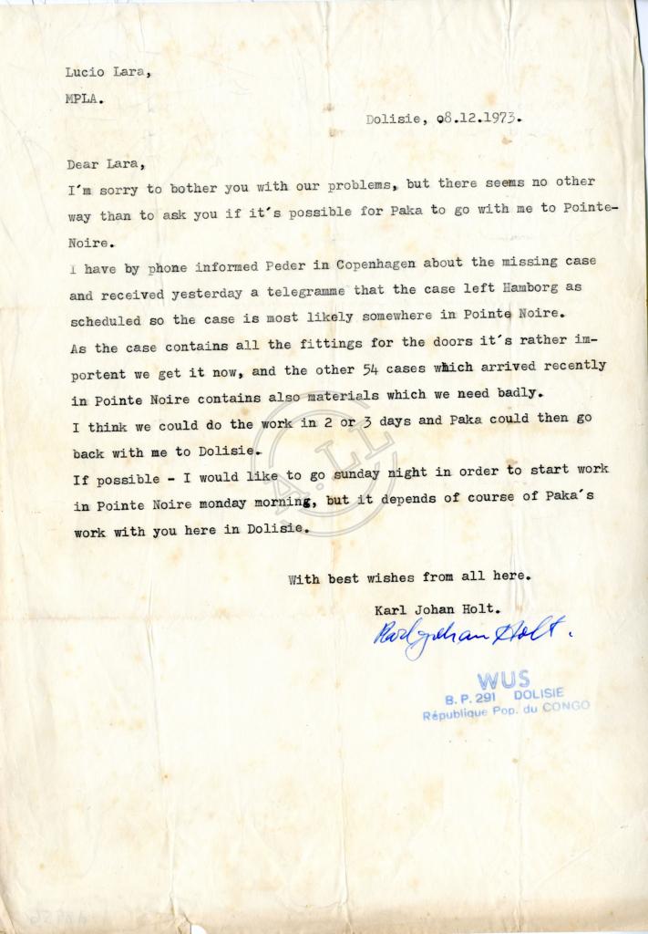 Carta de Karl Johan Holt a Lúcio Lara