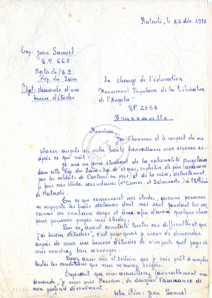 Carta de Jean Samuel ao DEC-MPLA