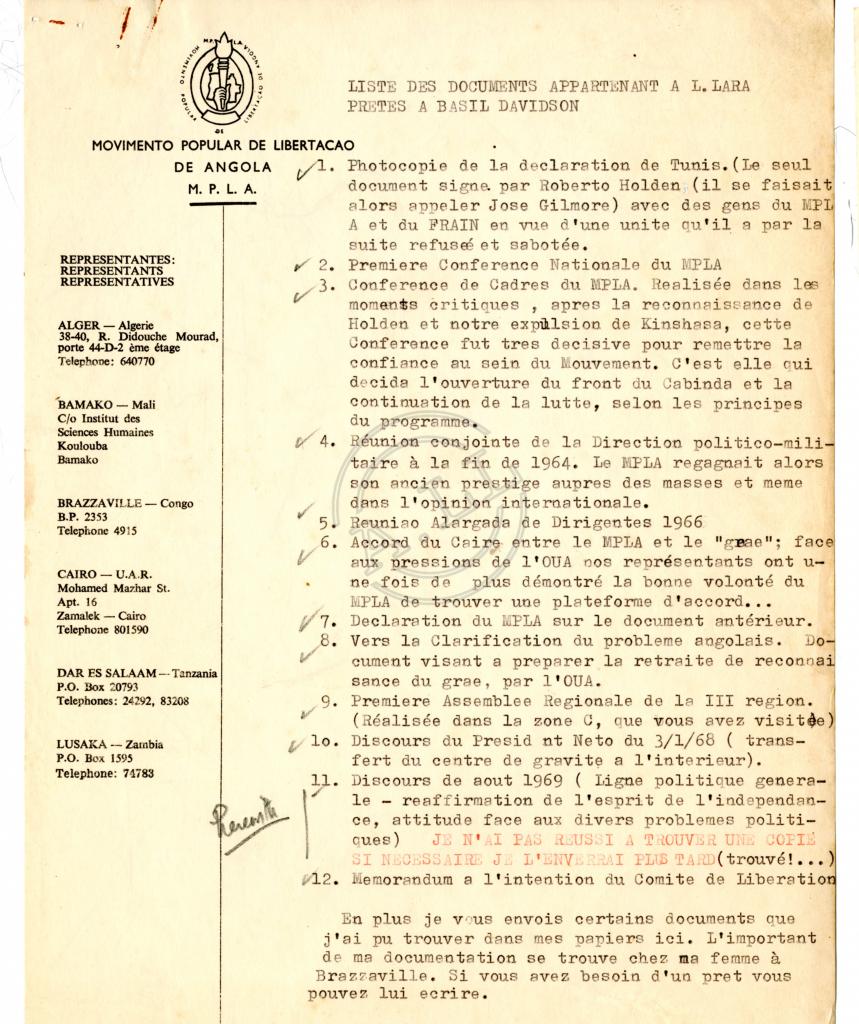 Lista de documentos de Lúcio Lara emprestados a Basil Davidson