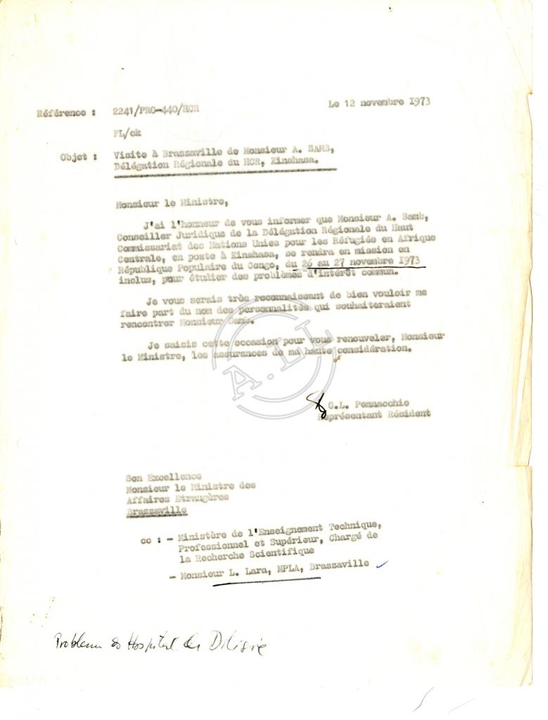 Carta de C.L. Pennacchio sobre visita a Brazzaville de A. Samb