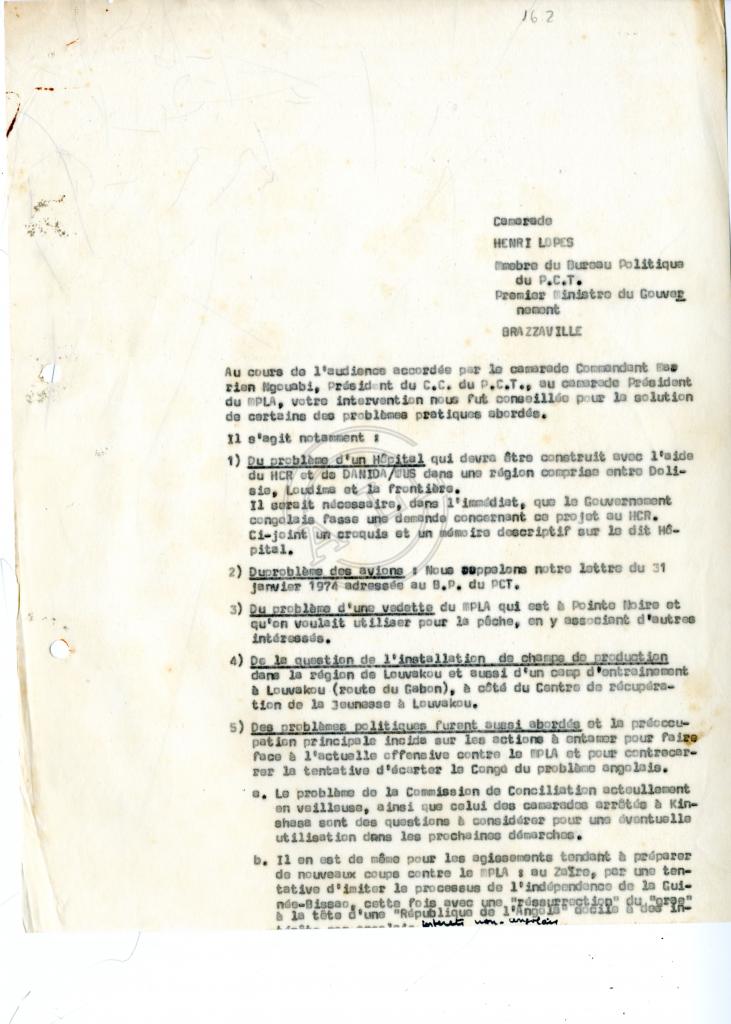 Carta do Comité Director do MPLA a Henri Lopes