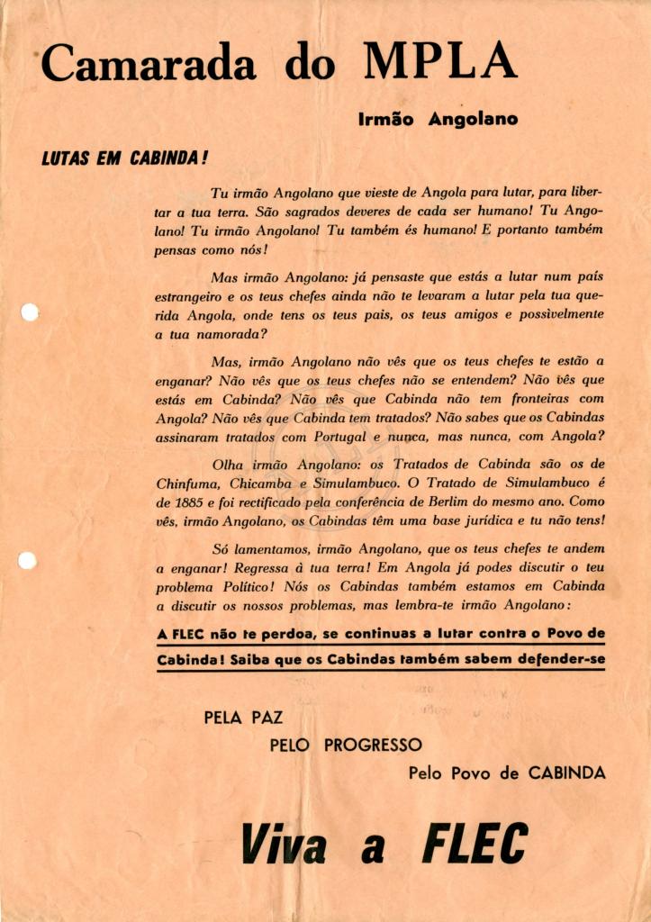 Panfleto da FLEC para “Camarada do MPLA”