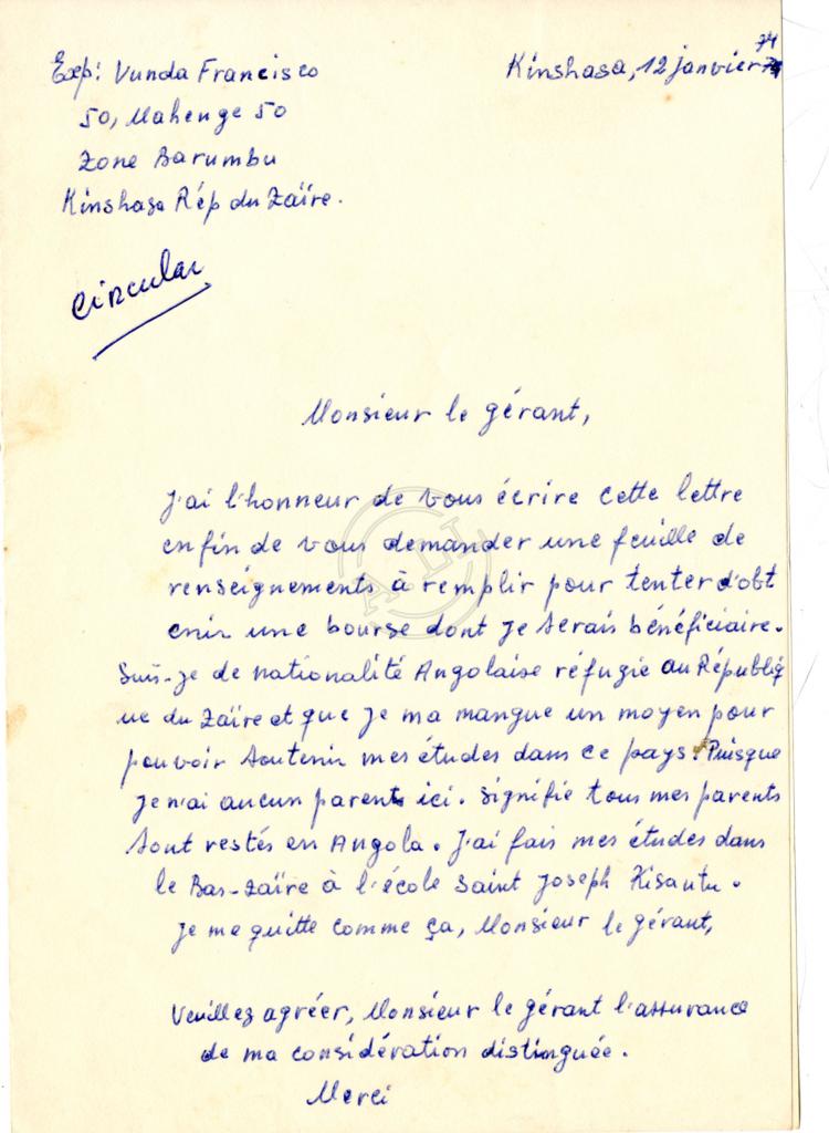 Carta de Vunda Francisco a «Monsieur le Gérant»