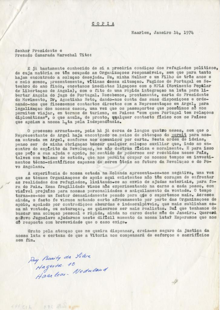 Cópia da carta de Rui Burity da Silva ao Presidente Marechal Tito.