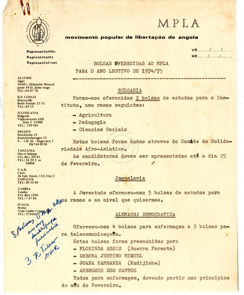 Lista de bolsas oferecidas ao MPLA para o ano lectivo 1974/75