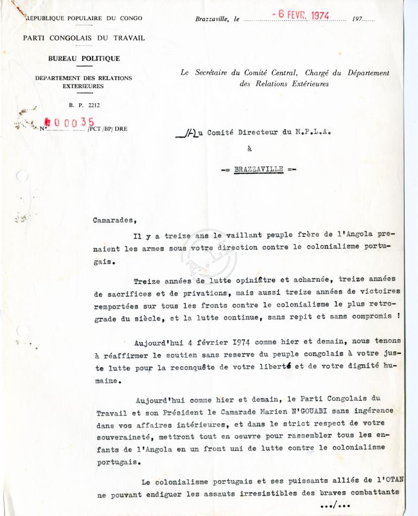 Carta do Secretário do CC do PCT ao Comité Director do MPLA