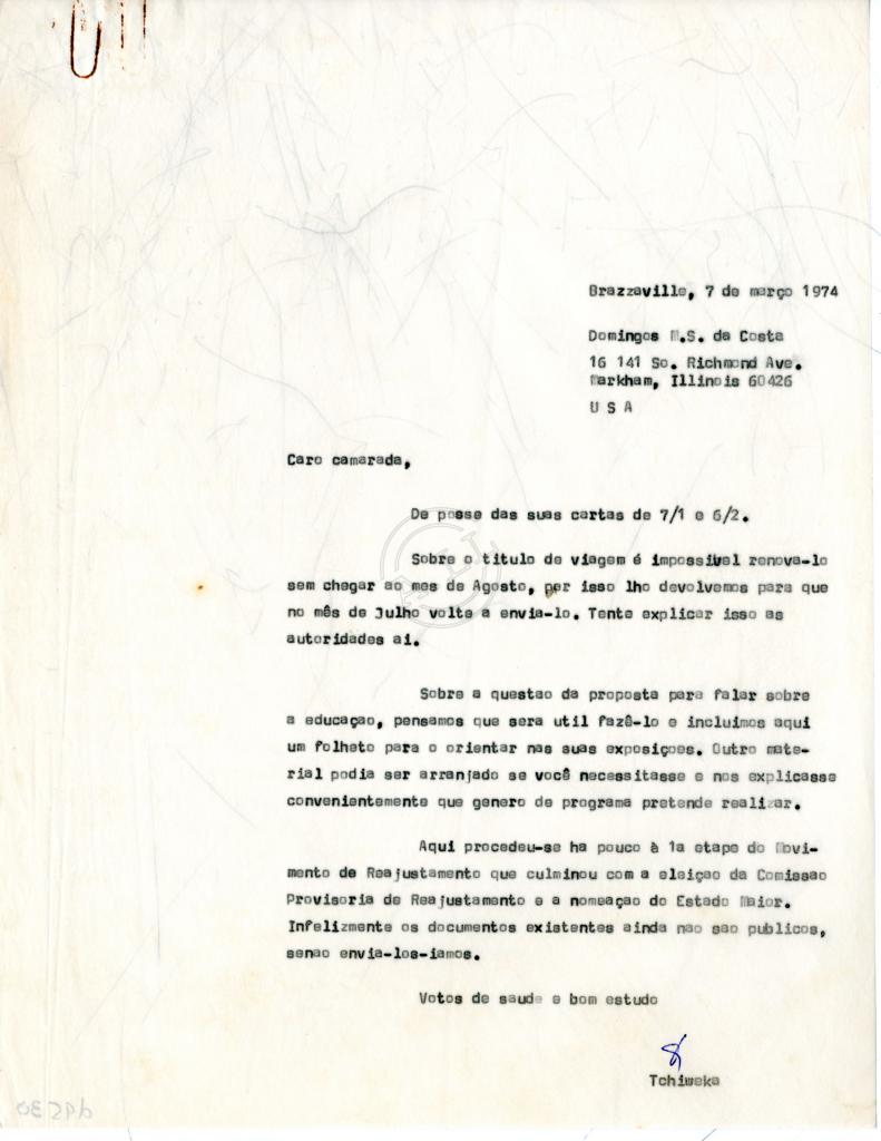 Carta de «Tchiweka» a Domingos M.S. da Costa