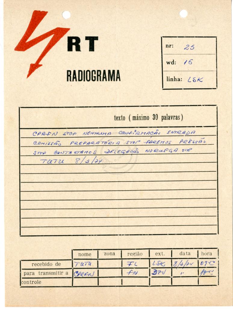 Radiograma de «Tutu» à CPRFN