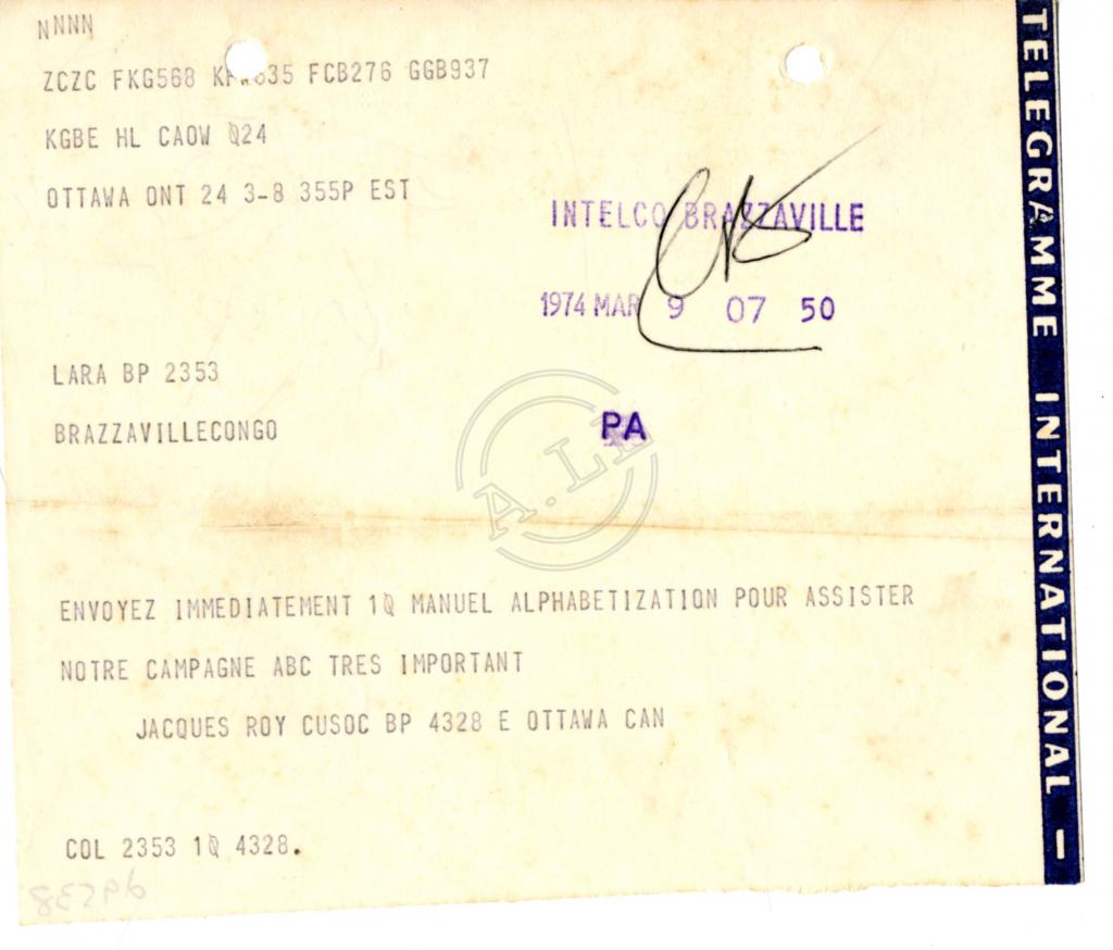 Telegrama de Jacques Roy a Lúcio Lara