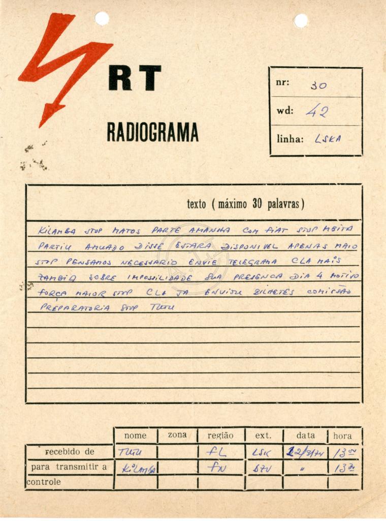Radiograma de «Tutu» a «Kilamba»
