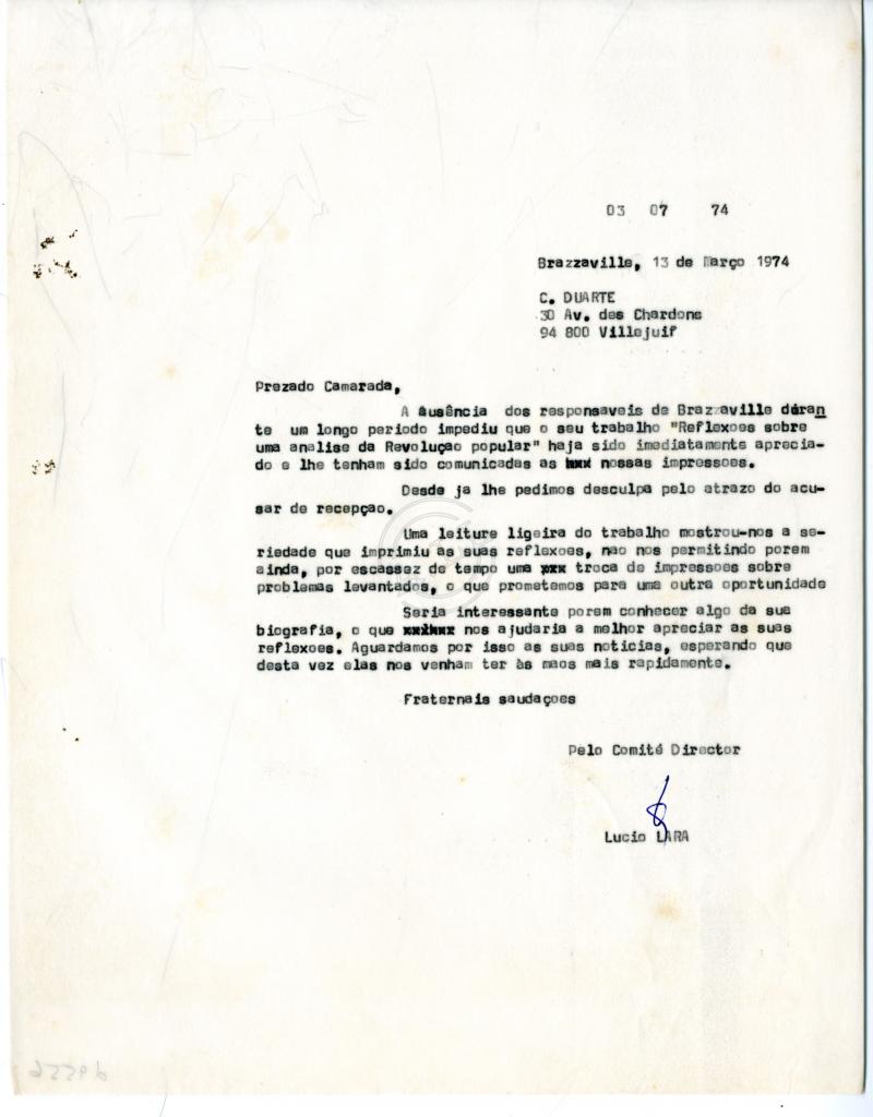 Carta de Lúcio Lara a C. Duarte