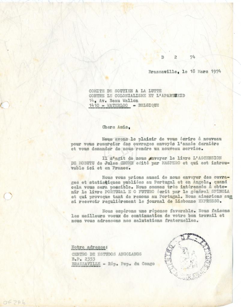 Carta do CEA-Brazzaville ao Comite de Soutien à la Lutte contre le Colonialisme et l’Apartheid