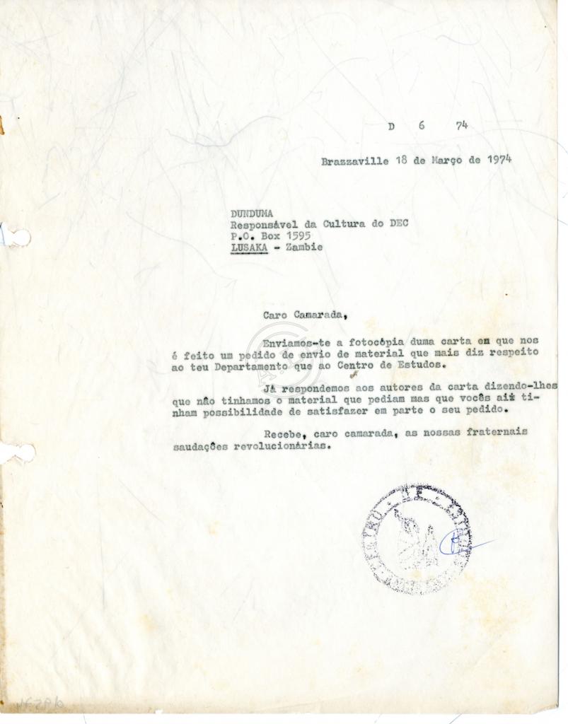 Carta do CEA-Brazzaville a «Ndunduma», do DEC em Lusaka