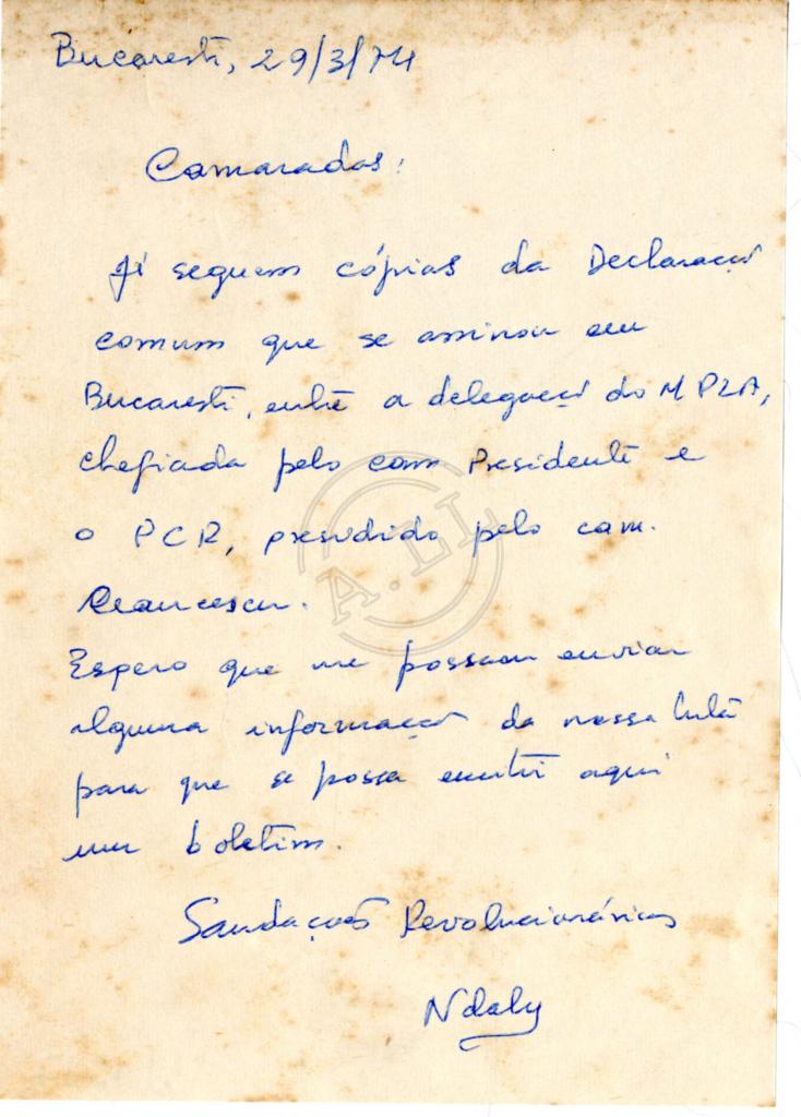 Bilhete de «Ndalu» a acompanhar a 'Déclaration commune' entre o MPLA e a Rep. Soc. da Roménia
