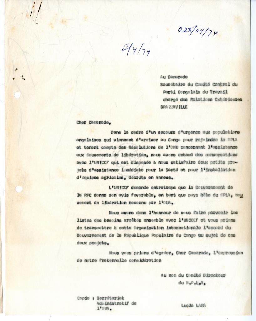 Carta de Lúcio Lara ao Comité Central do PCT