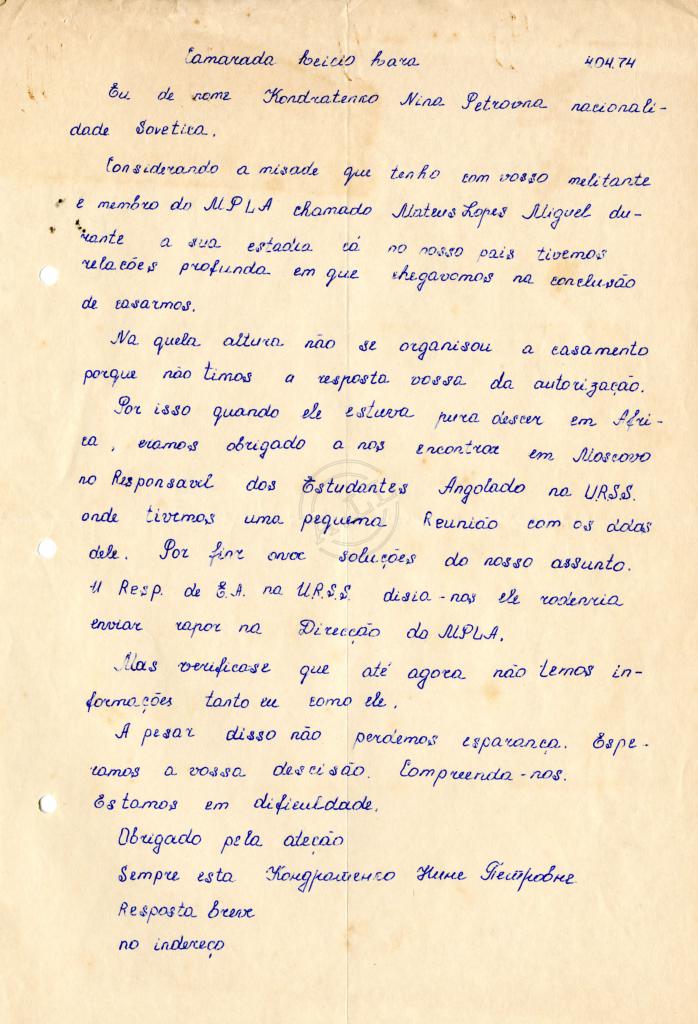 Carta de Kondratenko Nina Petrovna a Lúcio Lara