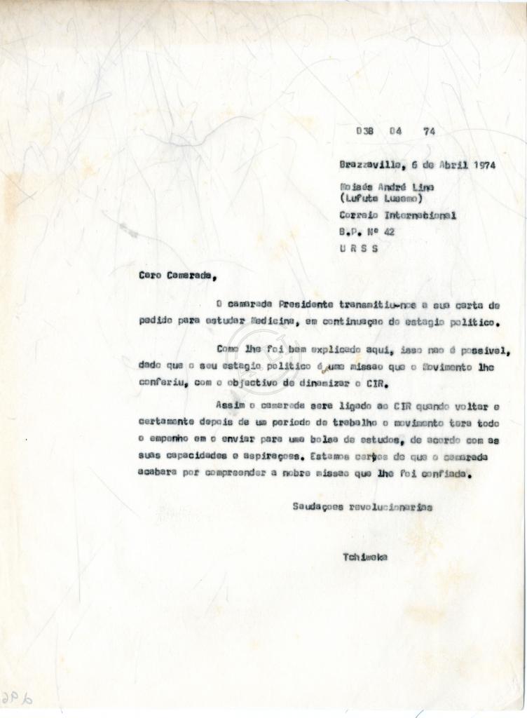 Carta de «Tchiweka» a Moisés André Lina