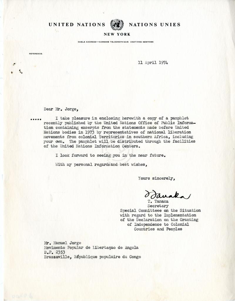 Carta de T. Tanaka a Manuel Jorge do MPLA