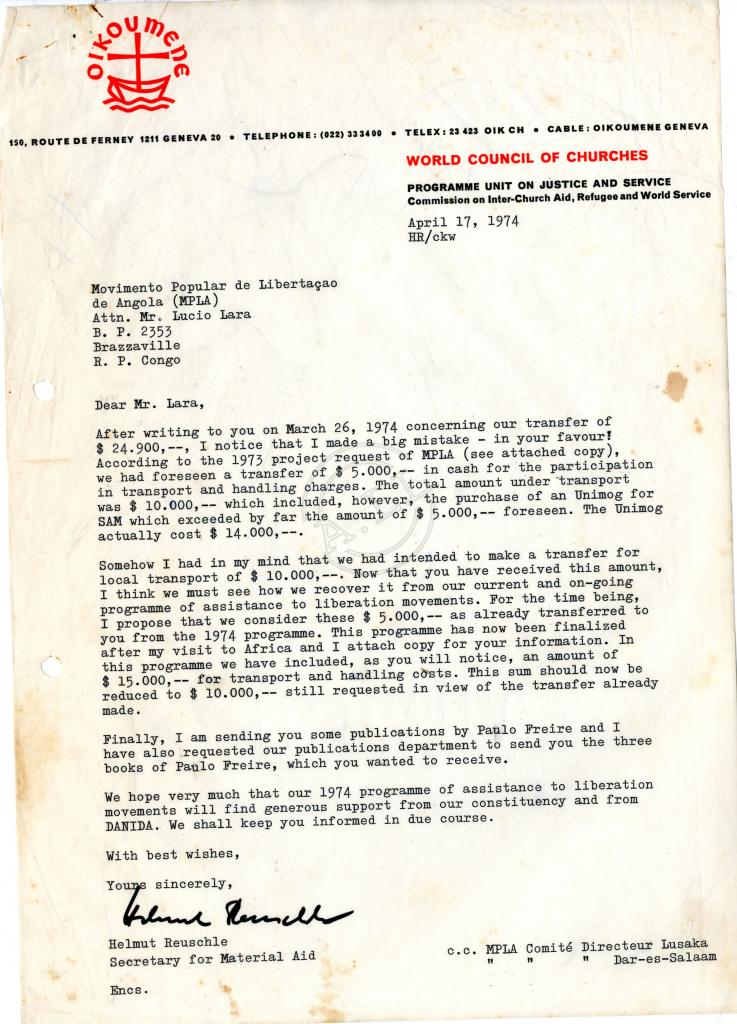 Carta de Helmut Reuschle ao MPLA com documentos anexos