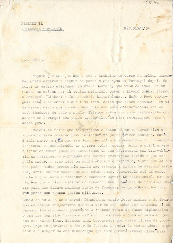 Carta de «Tchiyna» a Lúcio Lara