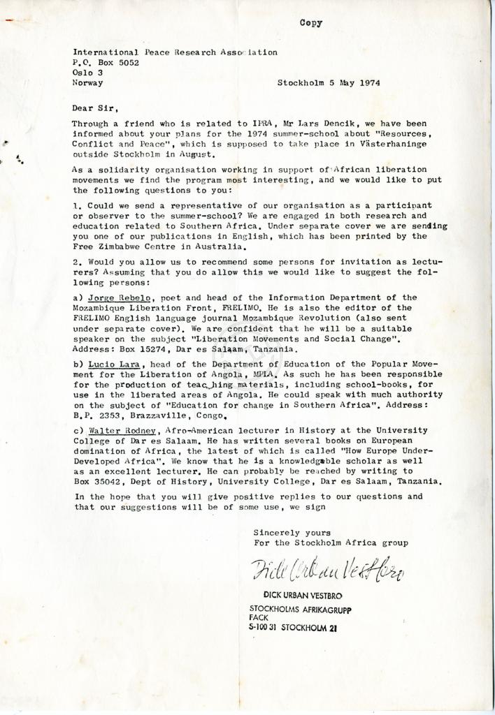 carta de Dick Urban Vestbro ao International Peace research Association