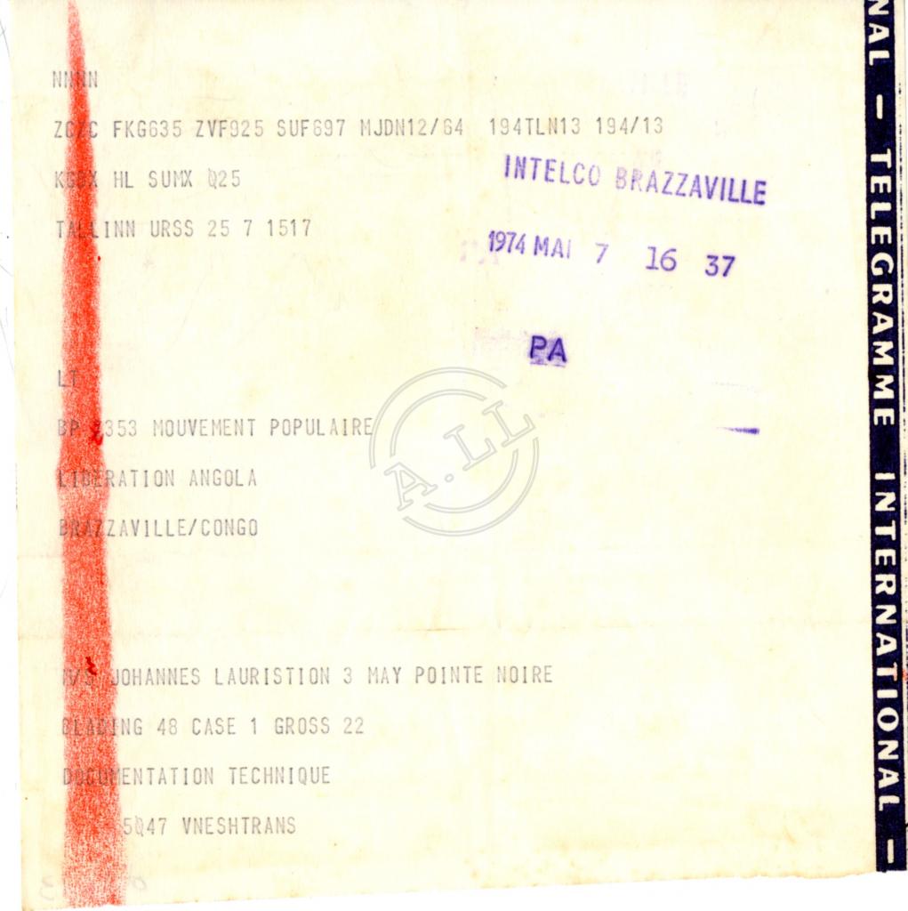 Telegrama de Vneshtrans ao MPLA