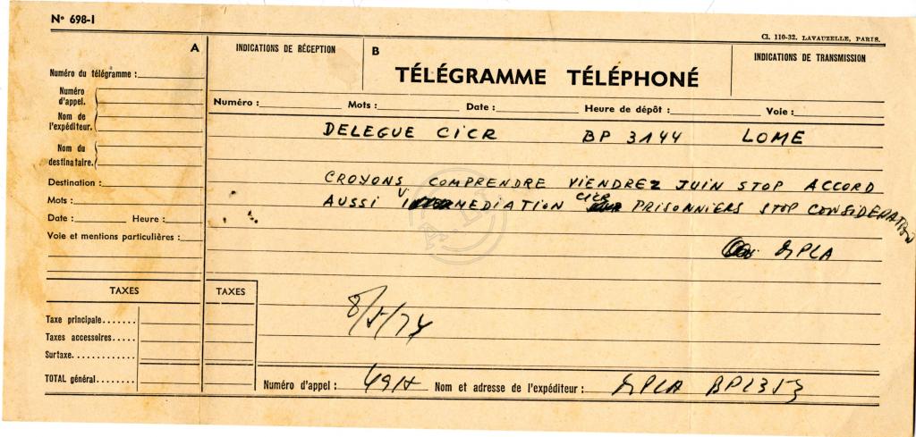 Telegrama do MPLA ao CICR