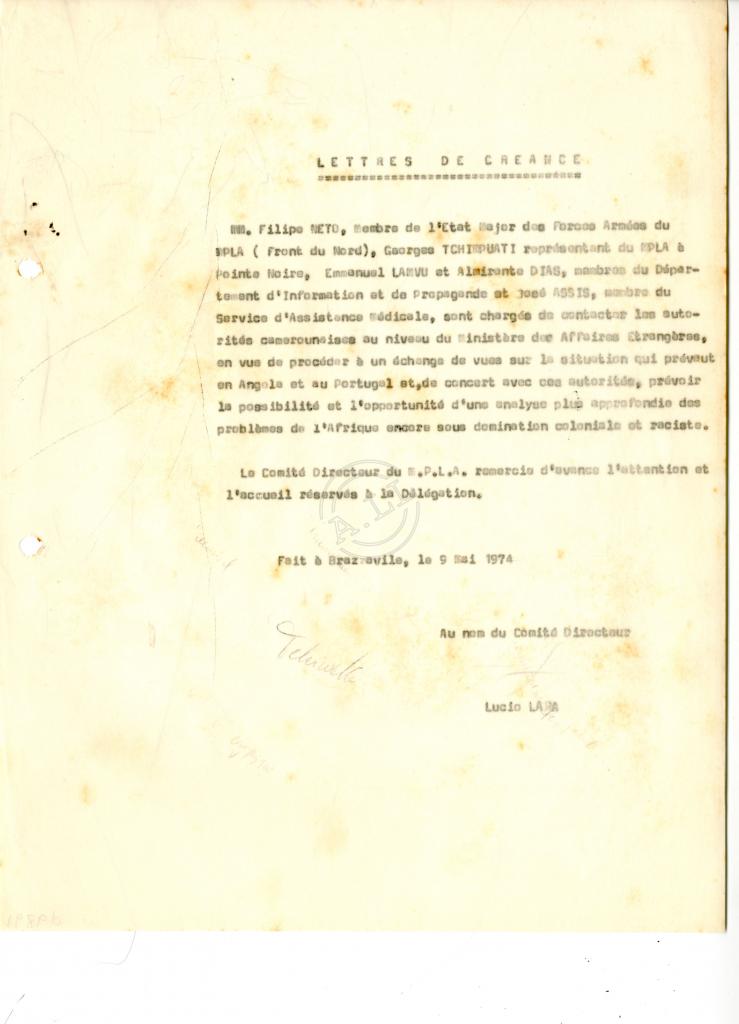 «Lettres de Créance» passadas por Lúcio Lara