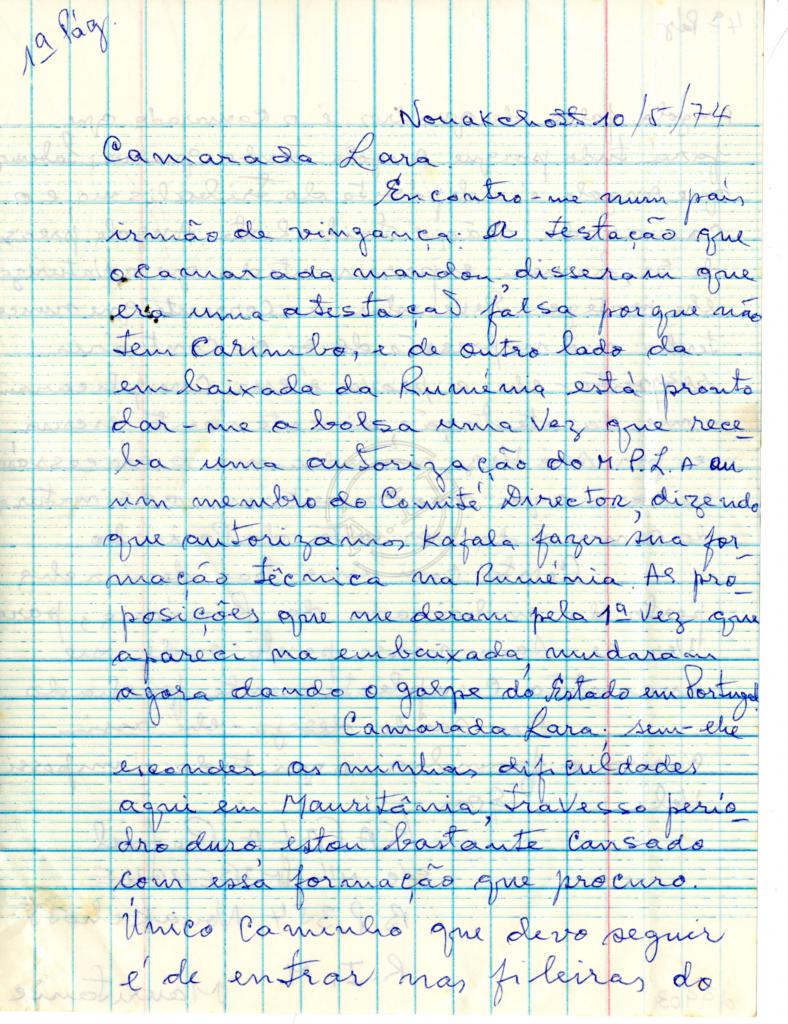 Carta de Rafael Kafala a Lúcio Lara