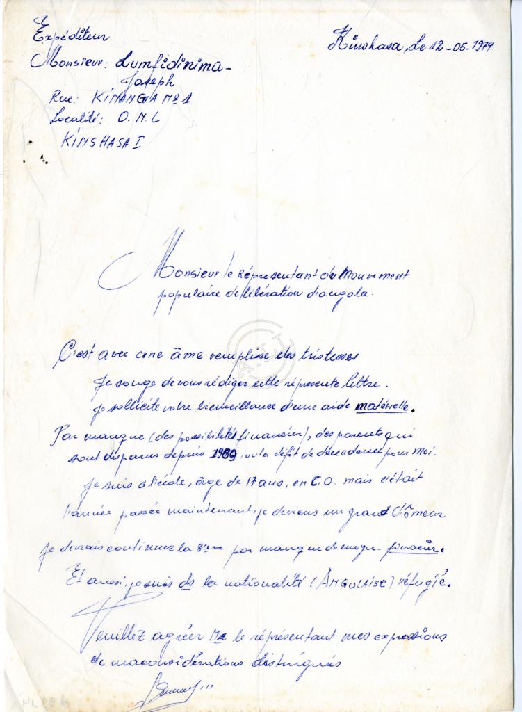Carta de Lumfidinima Joseph ao Representante do MPLA em Brazzaville