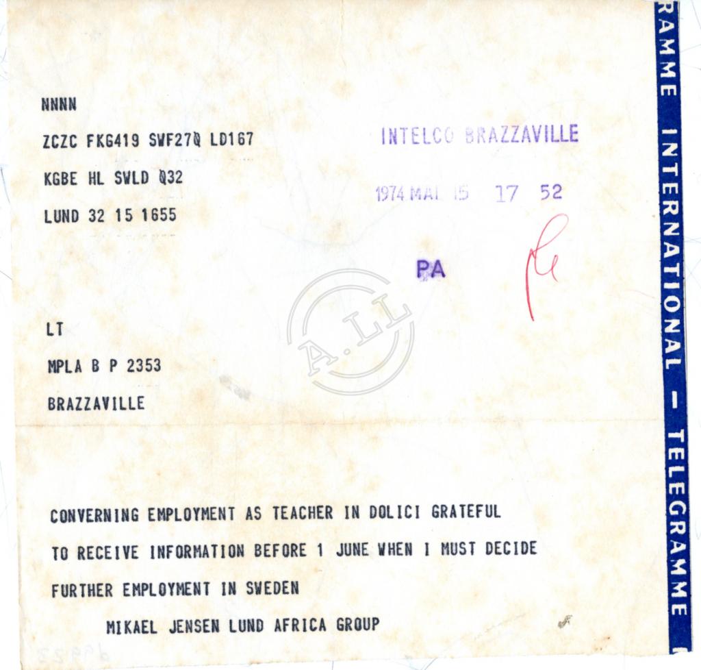 Telegrama de Mikael Jensen ao MPLA