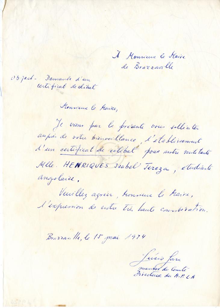 Carta de Lúcio Lara ao Maire de Brazzaville