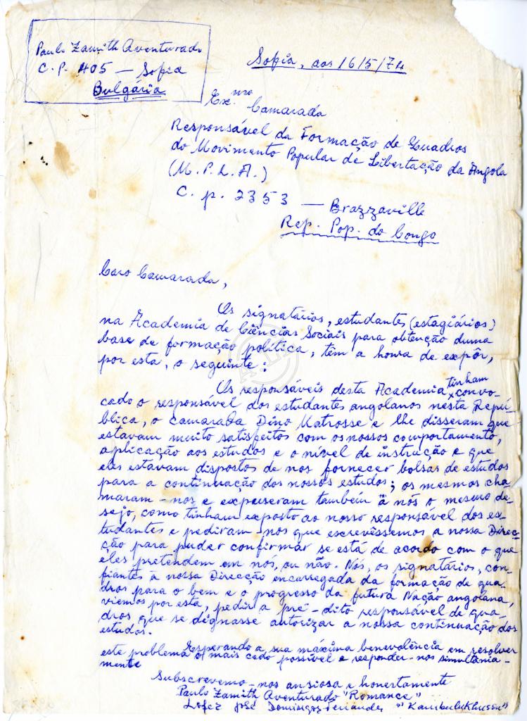 Carta de Paulo Zamith Aventurado «Romance» ao Responsável da formação de Quadros do MPLA