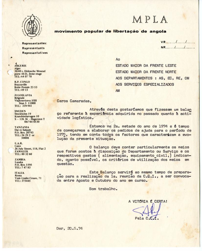 Carta de CCI ao Estado-Maior da FL e FN a departamentos e Serviços especializados do MPLA