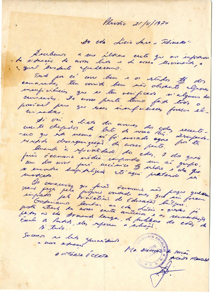 Carta da Secção Augusto Ngangula a Lúcio Lara