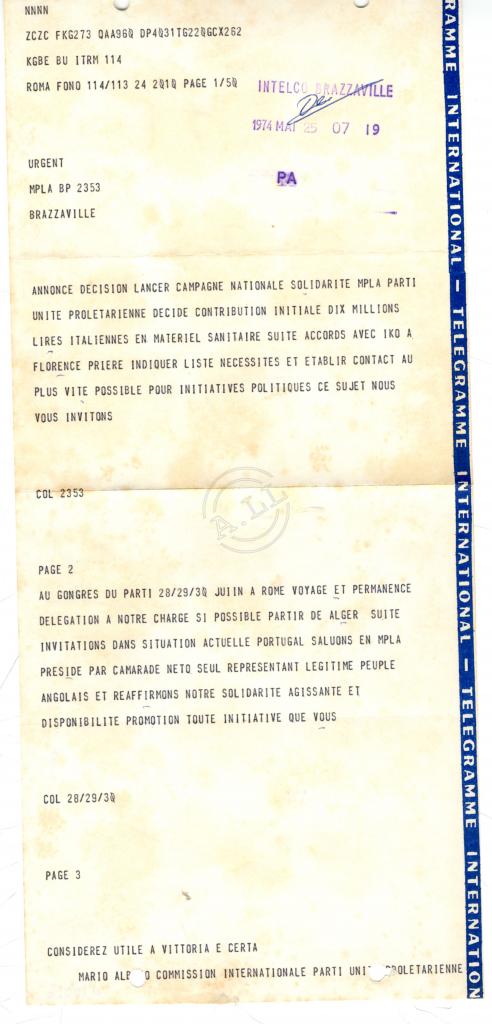 Telegrama de Mario Albano ao MPLA