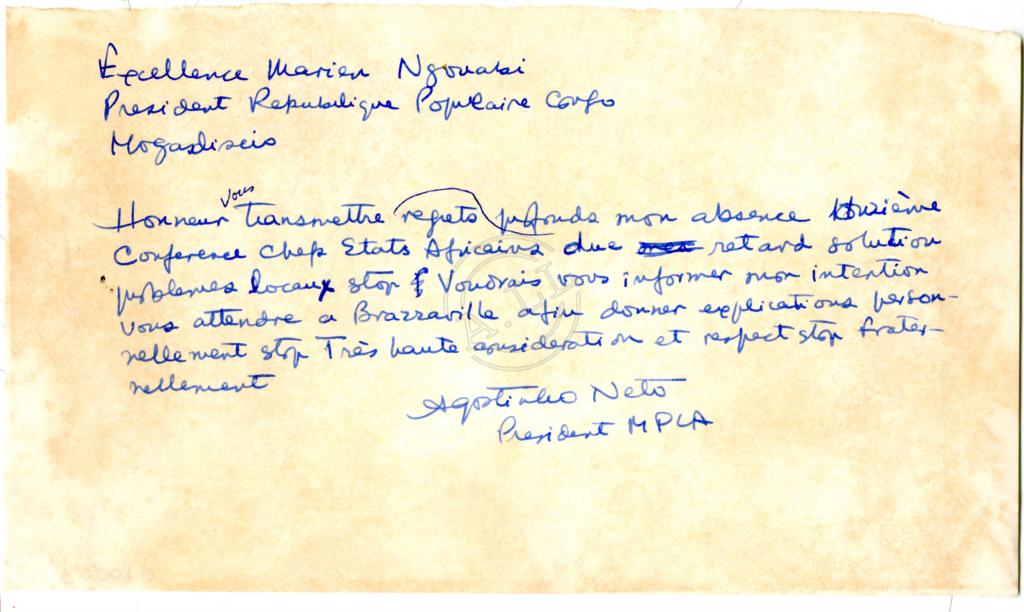 Telegrama de Agostinho Neto a Marien Ngouabi