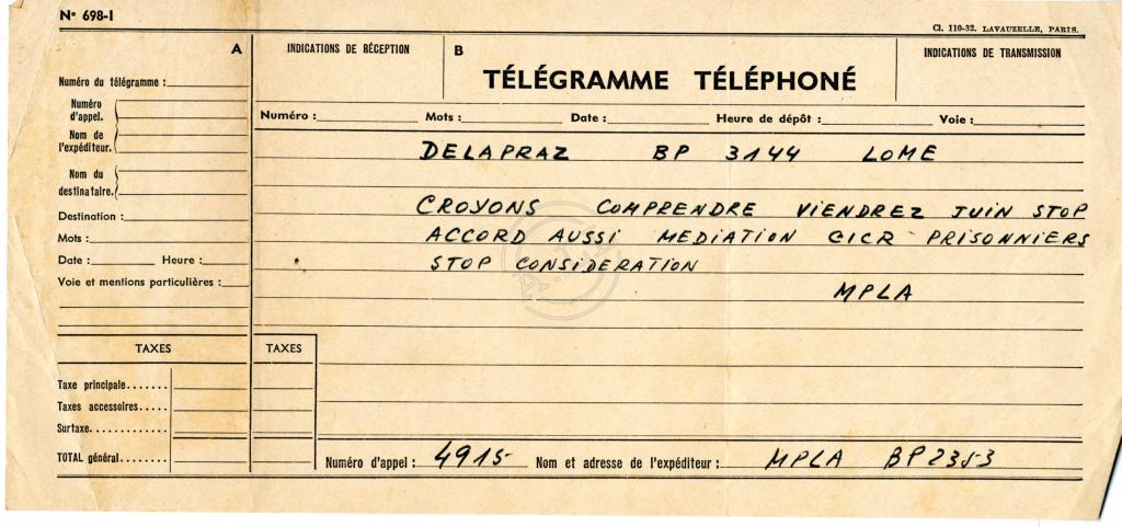 Telegrama de Lúcio Lara a Delapraz e à CPR